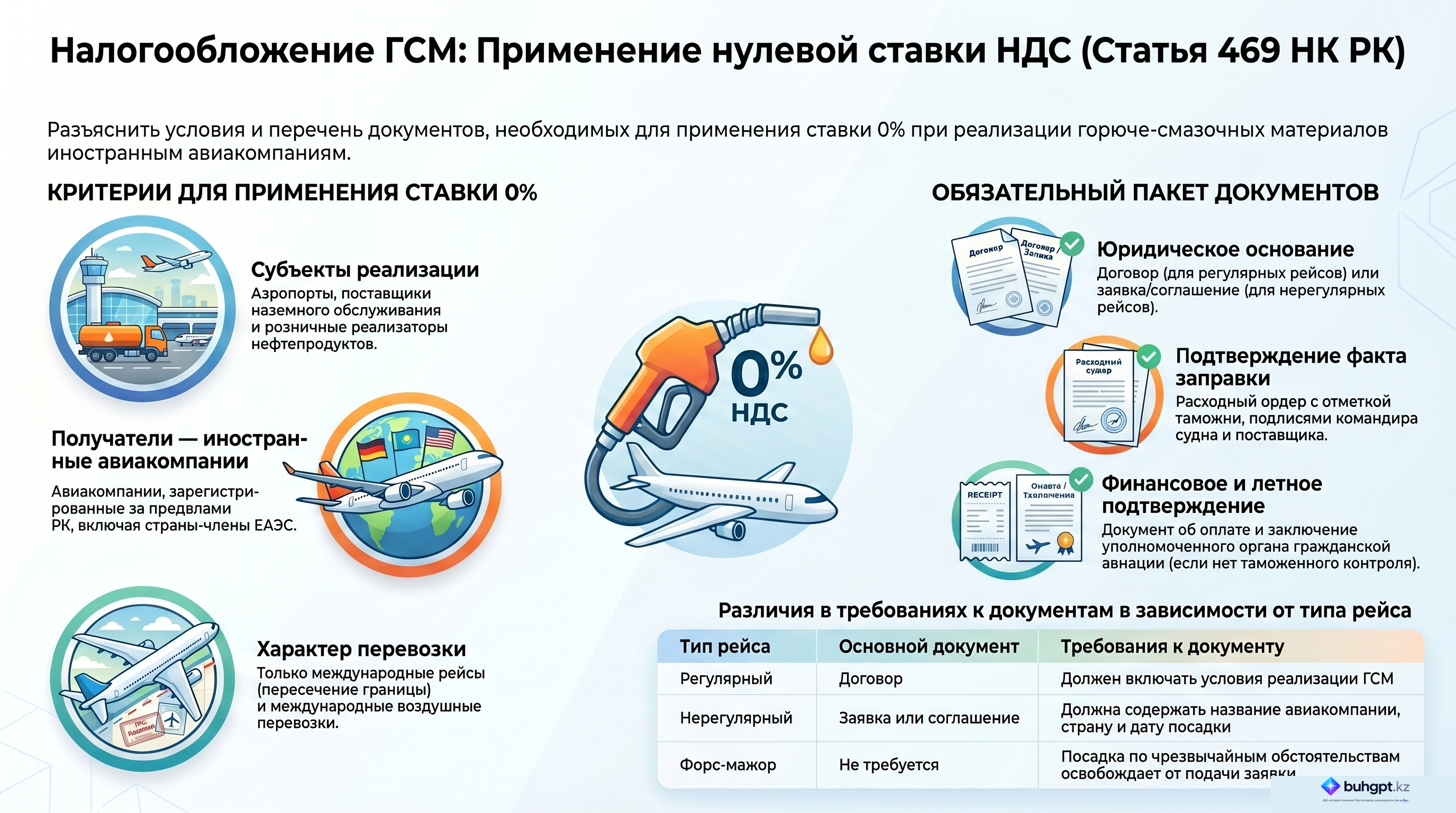 Инфографика — Статья 469 НК РК 2026 — Налогообложение реализации горюче-смазочных материалов, осуществляемой аэропортами, поставщиками услуг наземного обслуживания, розничными реализаторами нефтепродуктов при заправке воздушных судов иностранных авиакомпаний, выполняющих международные полеты, международные воздушные перевозки