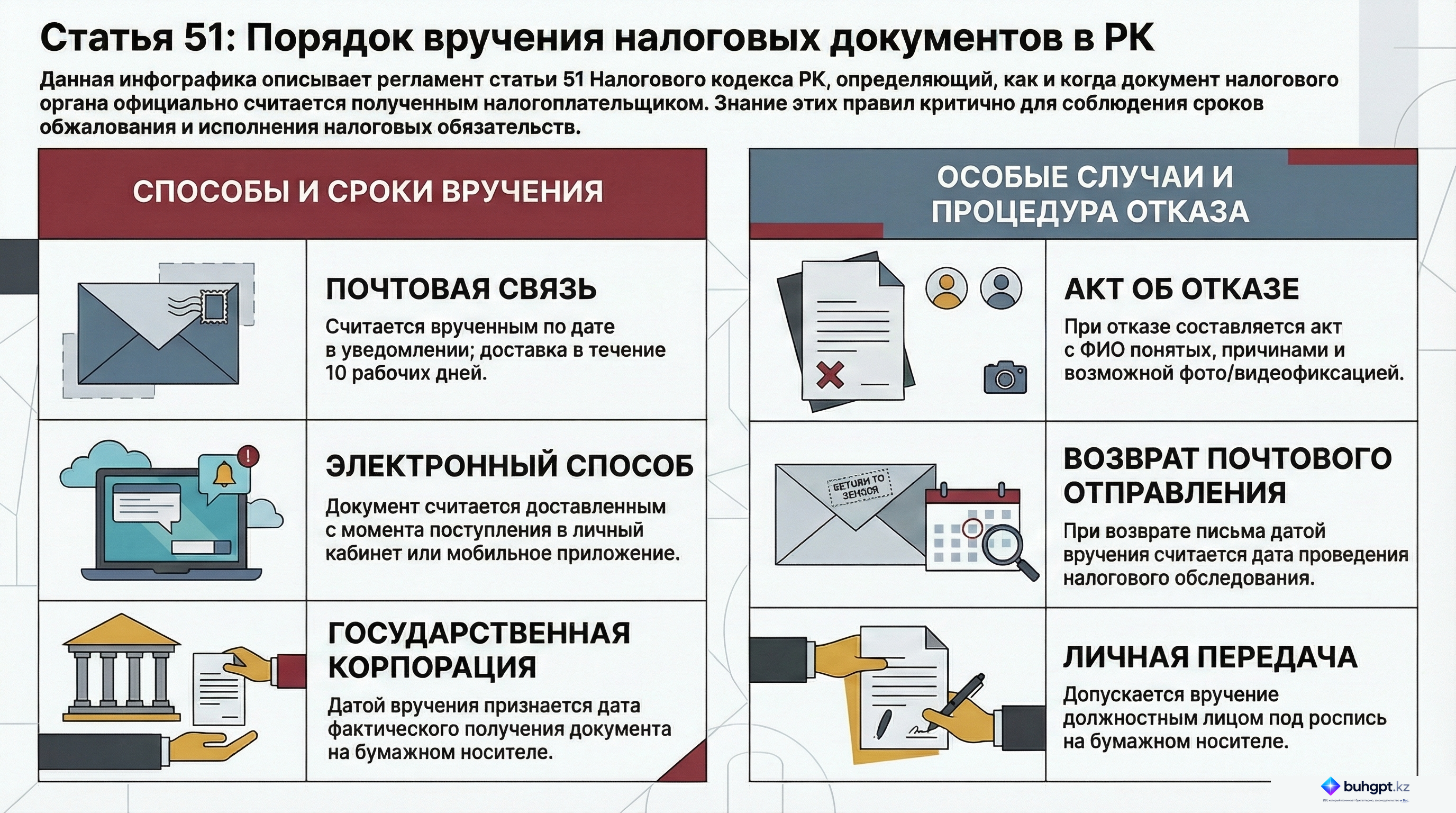 Инфографика — Статья 51 НК РК 2026 — Порядок представления налоговым органом документа налогоплательщику (налоговому агенту)