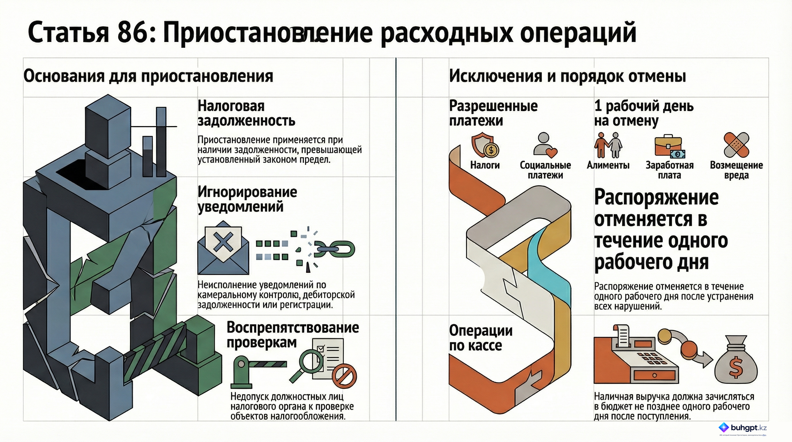 Инфографика — Статья 86 НК РК 2026 — Приостановление расходных операций